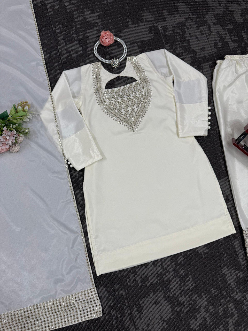 White Chinon Silk Thread & Sequin Embroidered Suit Set with Plazo and Dupatta ClothsVilla