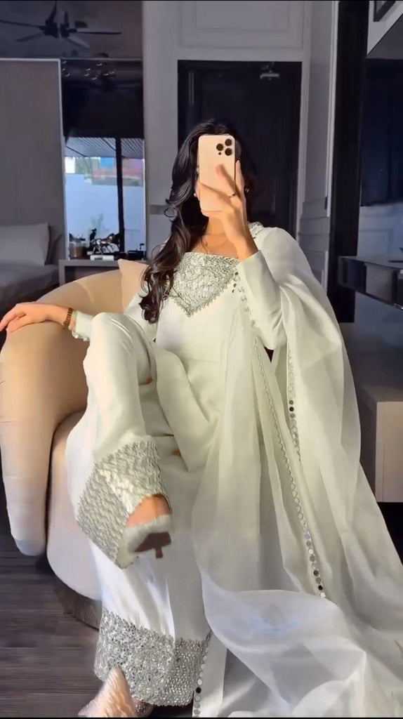 White Chinon Silk Thread & Sequin Embroidered Suit Set with Plazo and Dupatta ClothsVilla