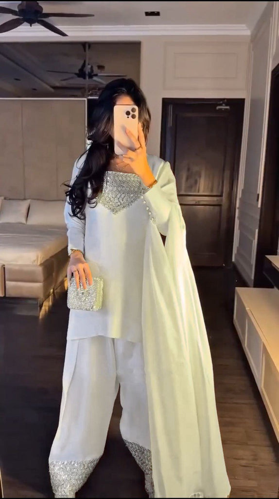 White Chinon Silk Thread & Sequin Embroidered Suit Set with Plazo and Dupatta ClothsVilla