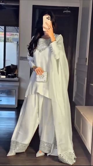 White Chinon Silk Thread & Sequin Embroidered Suit Set with Plazo and Dupatta ClothsVilla