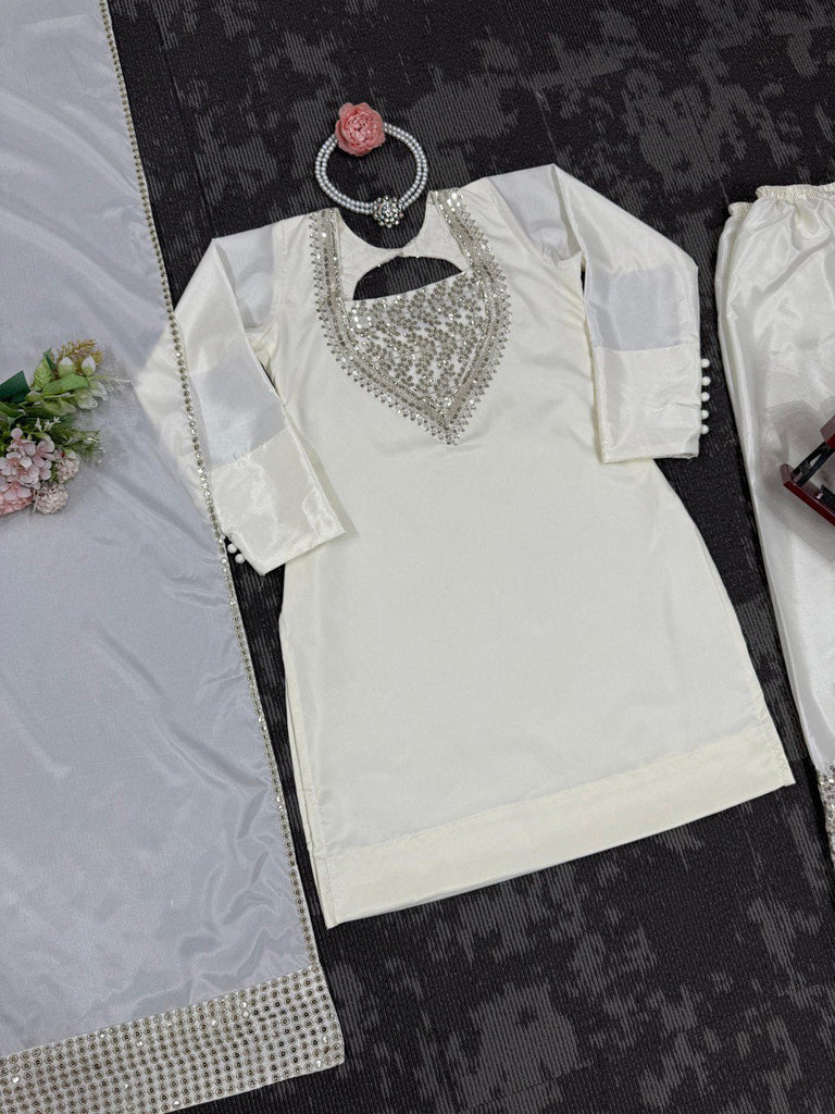 White Chinon Silk Thread & Sequin Embroidered Suit Set with Plazo and Dupatta ClothsVilla