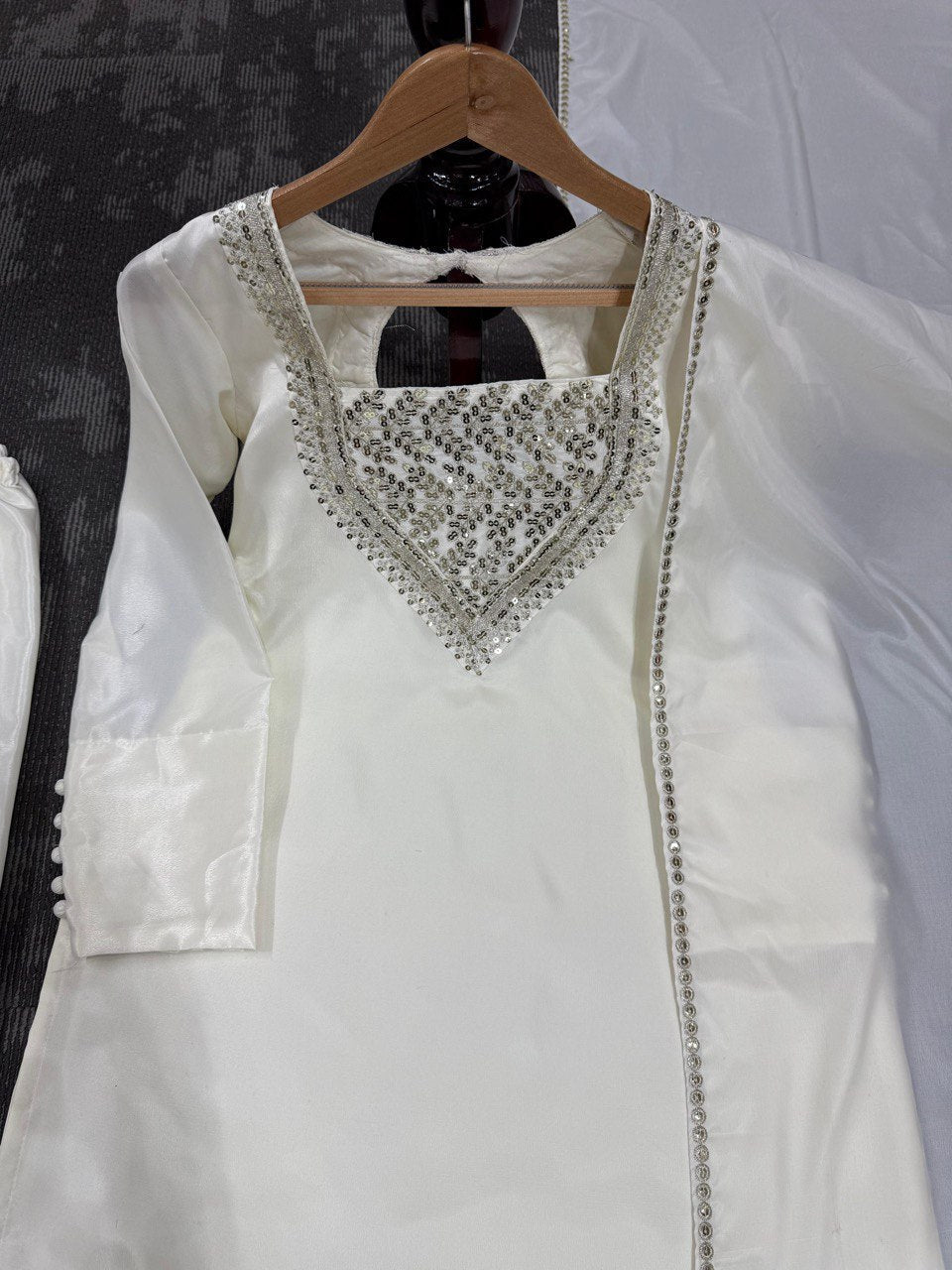 White Chinon Silk Thread & Sequin Embroidered Suit Set with Plazo and Dupatta ClothsVilla