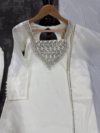 White Chinon Silk Thread & Sequin Embroidered Suit Set with Plazo and Dupatta ClothsVilla