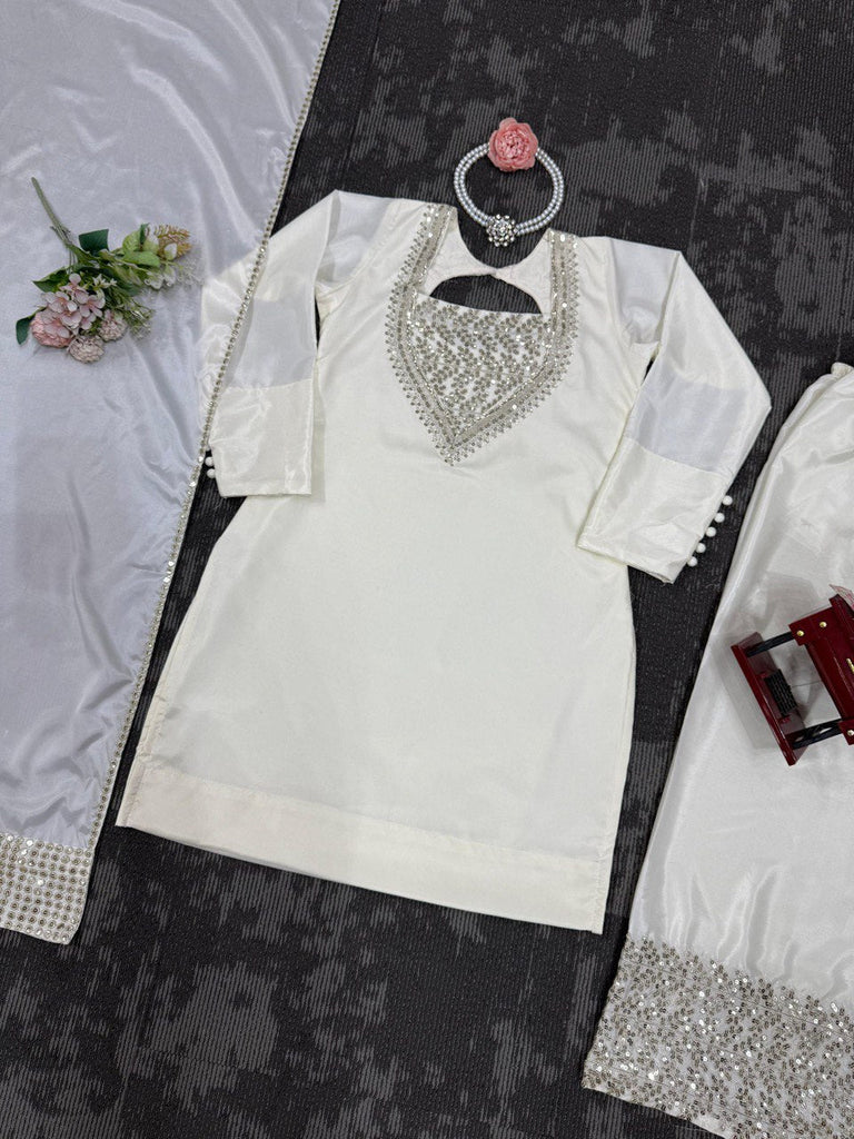 White Chinon Silk Thread & Sequin Embroidered Suit Set with Plazo and Dupatta ClothsVilla