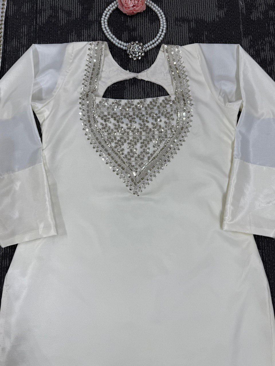 White Chinon Silk Thread & Sequin Embroidered Suit Set with Plazo and Dupatta ClothsVilla