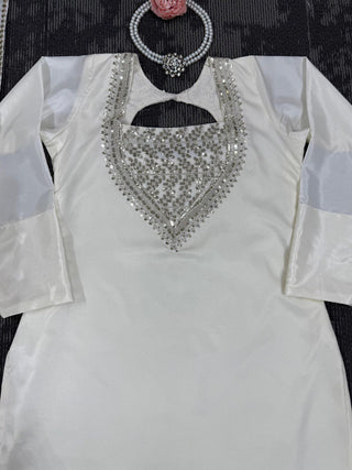 White Chinon Silk Thread & Sequin Embroidered Suit Set with Plazo and Dupatta ClothsVilla