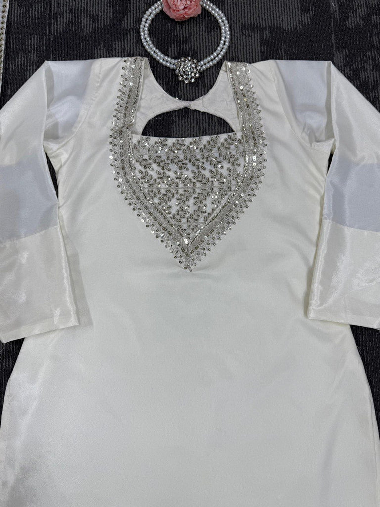 White Chinon Silk Thread & Sequin Embroidered Suit Set with Plazo and Dupatta ClothsVilla
