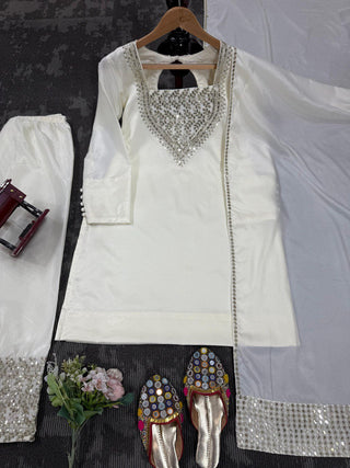 White Chinon Silk Thread & Sequin Embroidered Suit Set with Plazo and Dupatta ClothsVilla