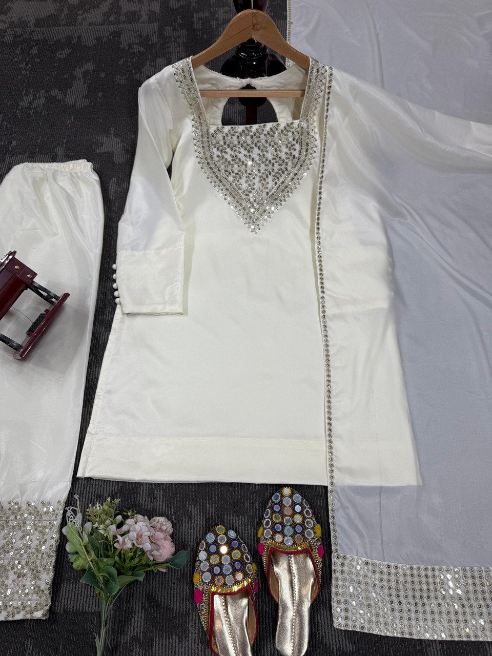 White Chinon Silk Thread & Sequin Embroidered Suit Set with Plazo and Dupatta ClothsVilla