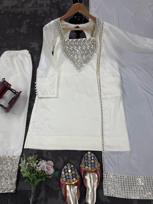 White Chinon Silk Thread & Sequin Embroidered Suit Set with Plazo and Dupatta ClothsVilla
