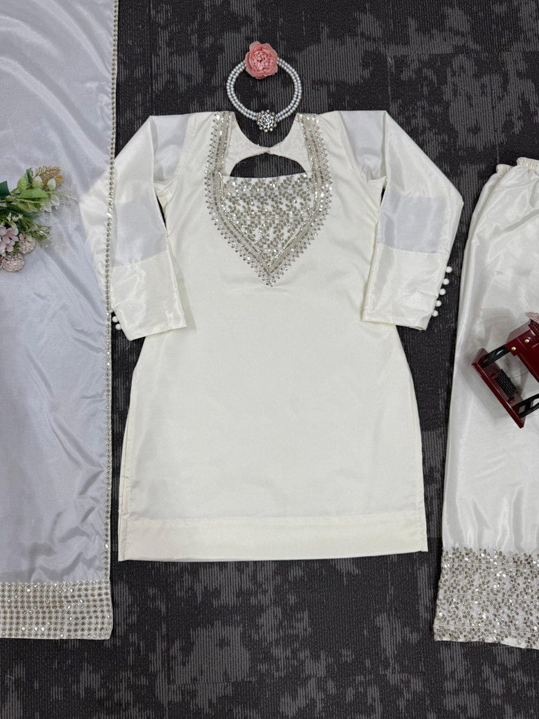 White Chinon Silk Thread & Sequin Embroidered Suit Set with Plazo and Dupatta ClothsVilla