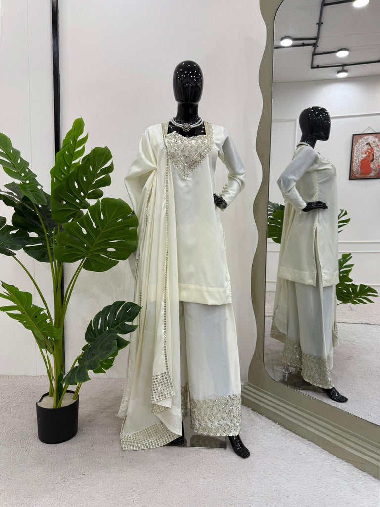 White Chinon Silk Thread & Sequin Embroidered Suit Set with Plazo and Dupatta ClothsVilla