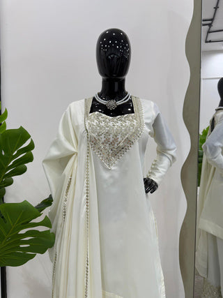 White Chinon Silk Thread & Sequin Embroidered Suit Set with Plazo and Dupatta ClothsVilla