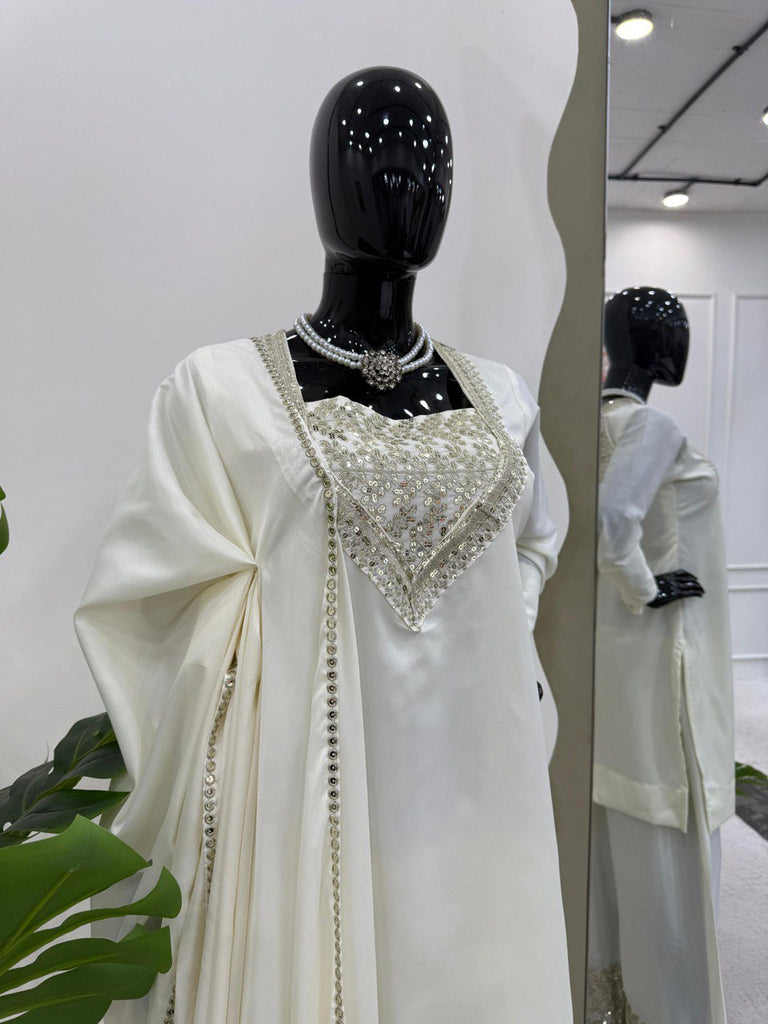 White Chinon Silk Thread & Sequin Embroidered Suit Set with Plazo and Dupatta ClothsVilla