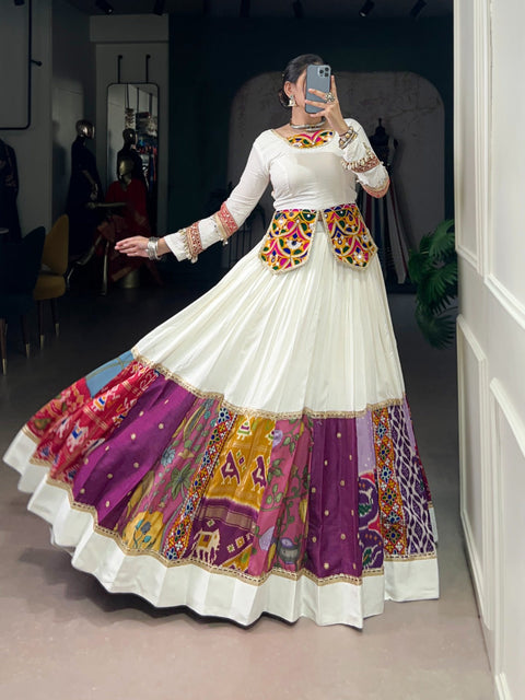 White Co-ord Set Lehenga with Multicolor Patchwork & Mirror Gamthi Work | Pure Rayon Garba & Navratri Outfit ClothsVilla Main image