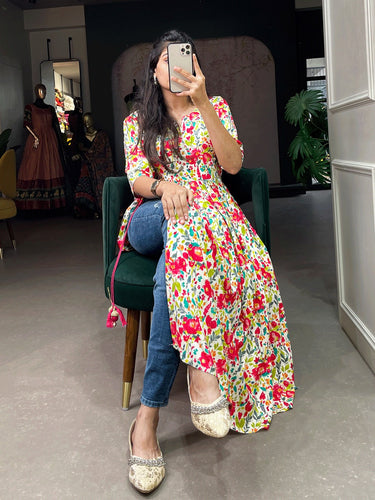 White Color Nayra-cut Foil Printed Cotton Kurti For Effortless Style and Any Occasion ClothsVilla