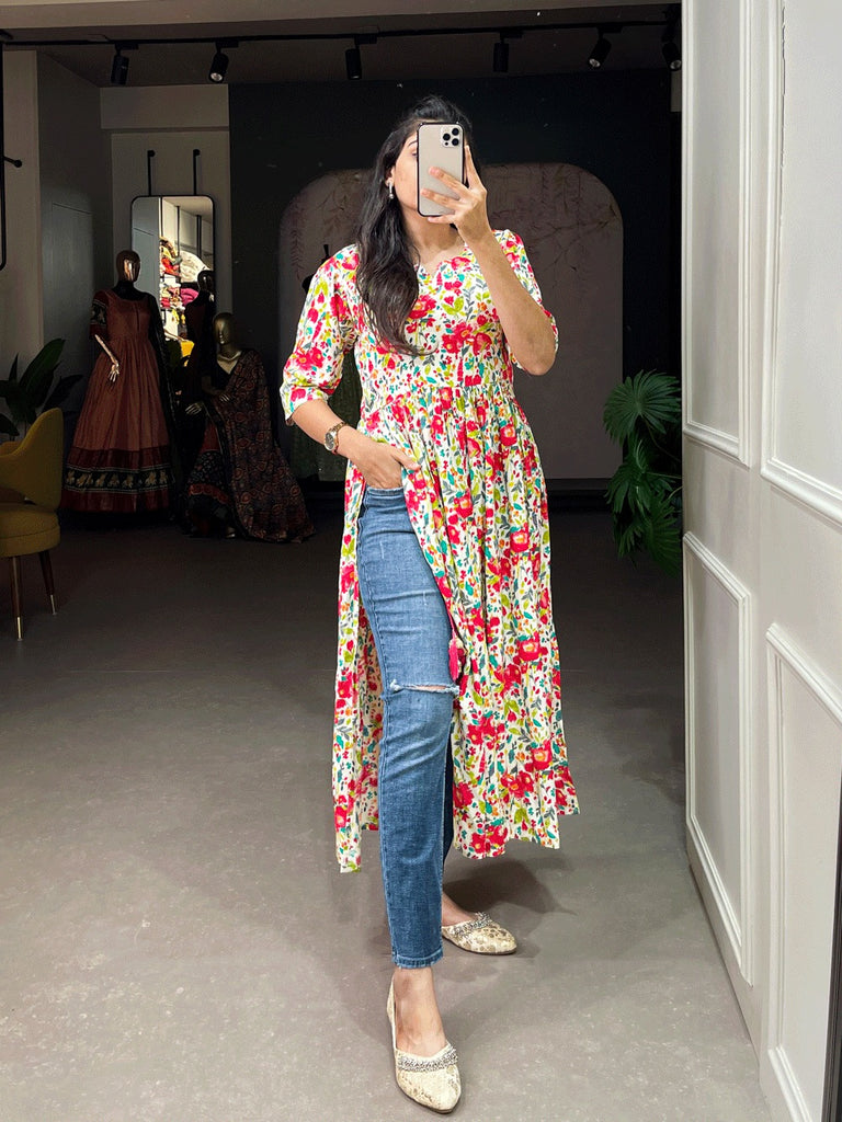 White Color Nayra-cut Foil Printed Cotton Kurti For Effortless Style and Any Occasion ClothsVilla