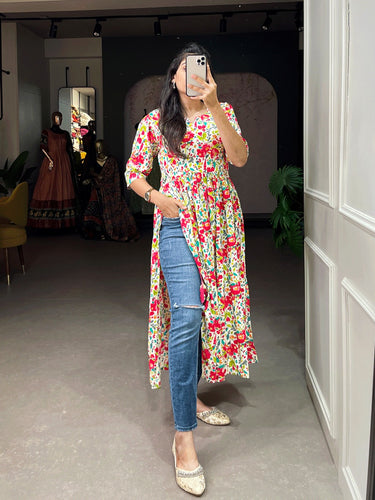 White Color Nayra-cut Foil Printed Cotton Kurti For Effortless Style and Any Occasion ClothsVilla