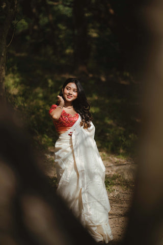 White Color Plain Manipuri Tussar Indian Wedding Saree Clothsvilla