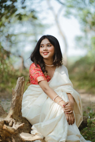 White Color Plain Manipuri Tussar Indian Wedding Saree Clothsvilla