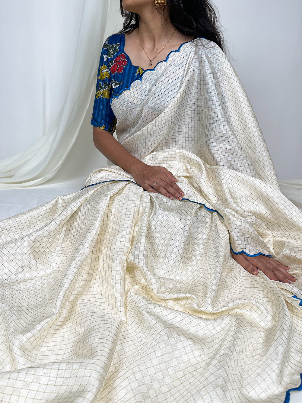 White Color Vibrant Gadwal Chex Saree with Arca Work & Printed Linan Blouse ClothsVilla