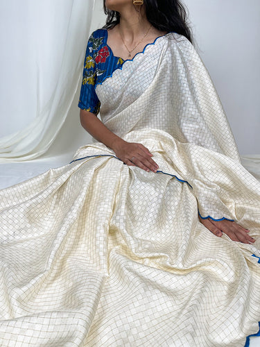 White Color Vibrant Gadwal Chex Saree with Arca Work & Printed Linan Blouse ClothsVilla