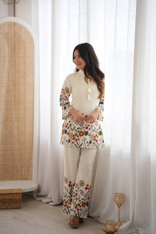 White Cotton Floral Printed Kurta Pant Set ClothsVilla