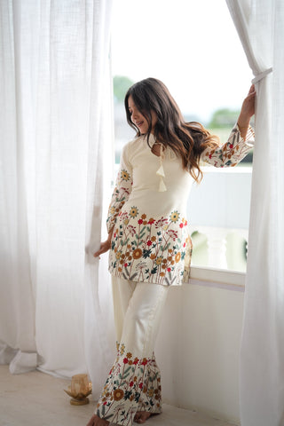 White Cotton Floral Printed Kurta Pant Set ClothsVilla