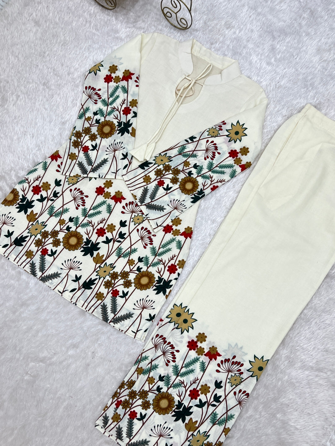 White Cotton Floral Printed Kurta Pant Set ClothsVilla