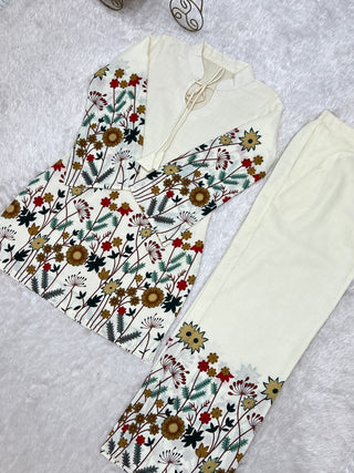 White Cotton Floral Printed Kurta Pant Set ClothsVilla