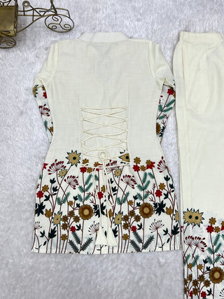 White Cotton Floral Printed Kurta Pant Set ClothsVilla