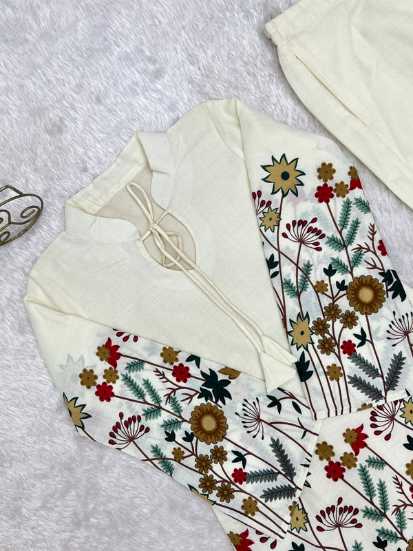 White Cotton Floral Printed Kurta Pant Set ClothsVilla