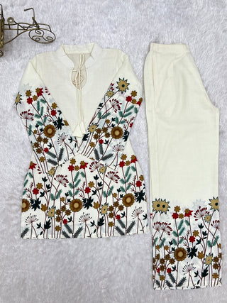 White Cotton Floral Printed Kurta Pant Set ClothsVilla