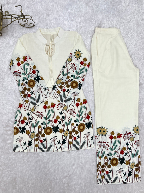 White Cotton Floral Printed Kurta Pant Set ClothsVilla