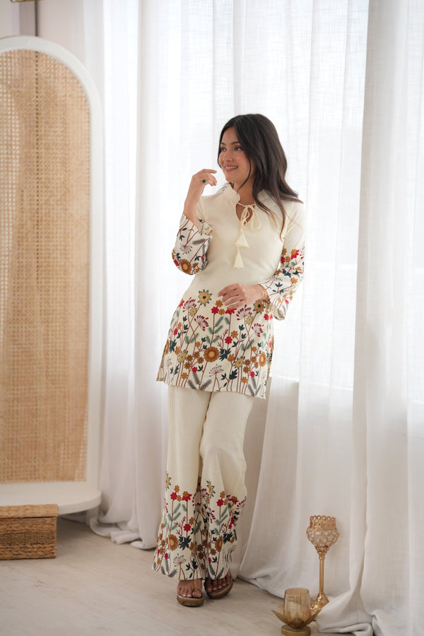 White Cotton Floral Printed Kurta Pant Set ClothsVilla