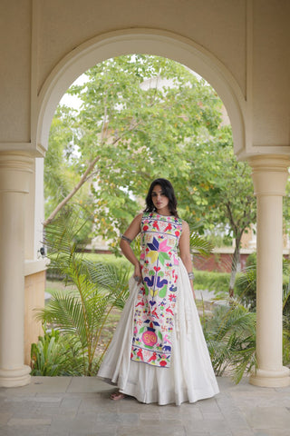 White Cotton Gamthi Embroidered Lehenga Choli ClothsVilla