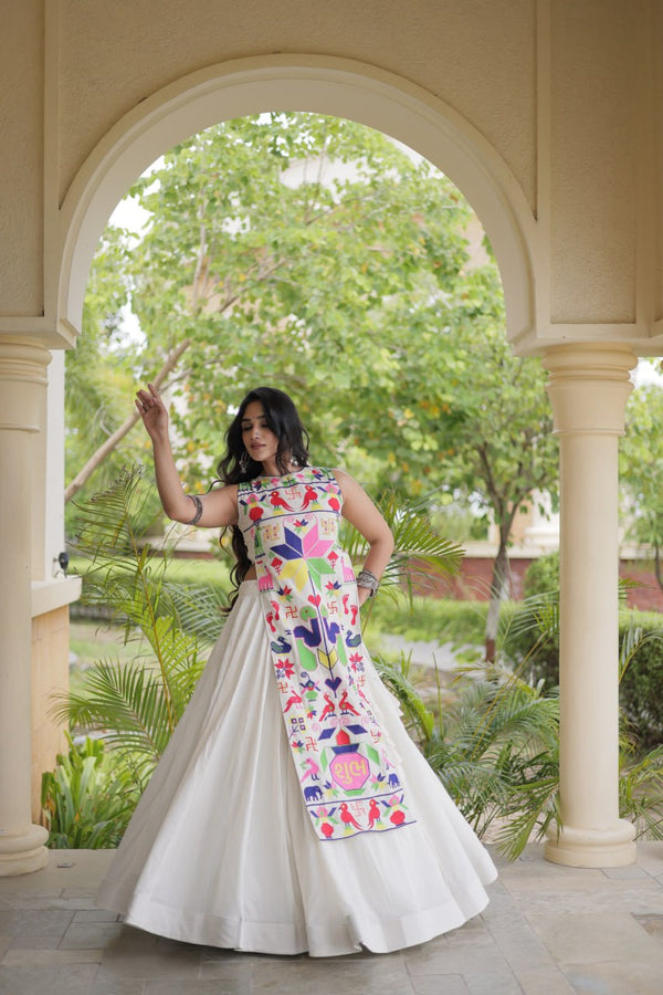 White Cotton Gamthi Embroidered Lehenga Choli ClothsVilla