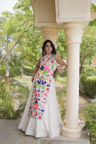 White Cotton Gamthi Embroidered Lehenga Choli ClothsVilla