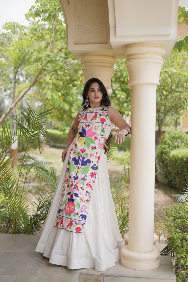 White Cotton Gamthi Embroidered Lehenga Choli ClothsVilla