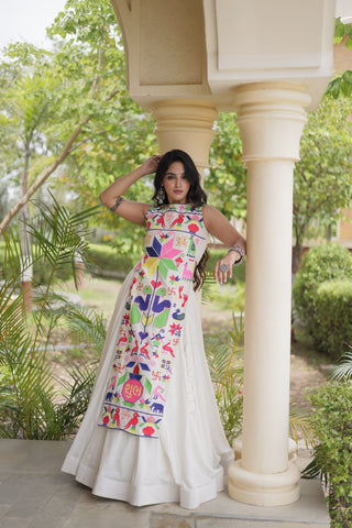 White Cotton Gamthi Embroidered Lehenga Choli ClothsVilla