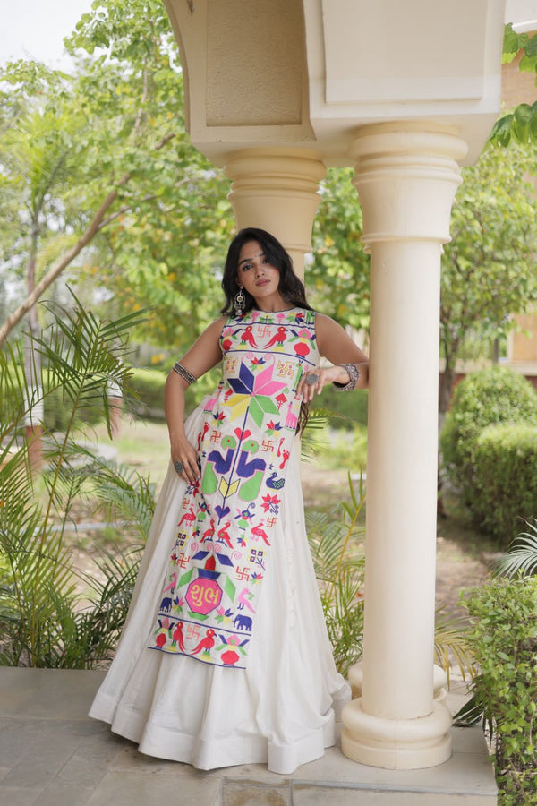 White Cotton Gamthi Embroidered Lehenga Choli ClothsVilla