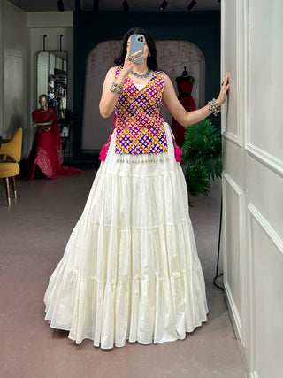 White Cotton Gamthi Work Lehenga Set ClothsVilla