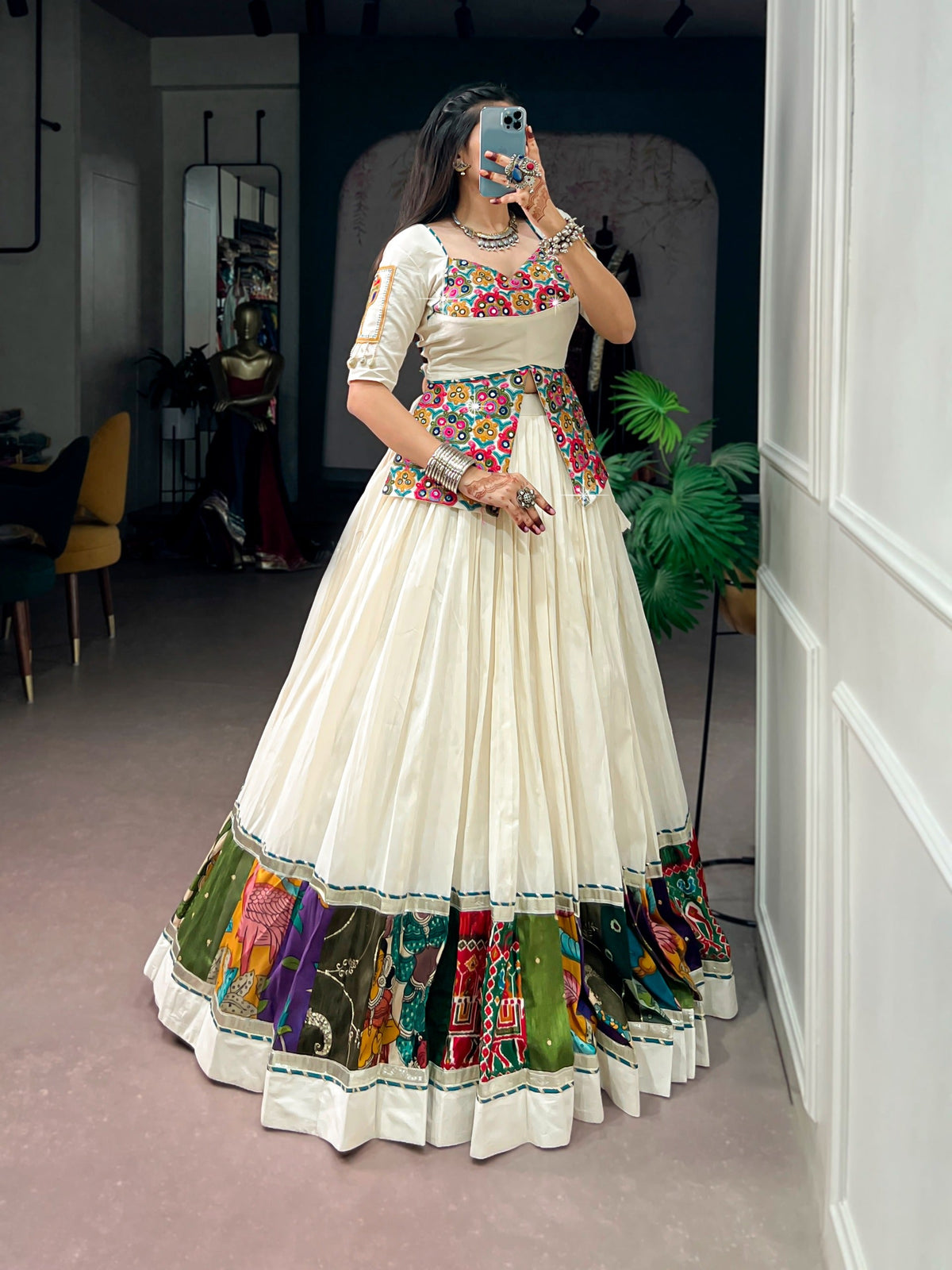 White Cotton Gamthi Work Lehenga Set ClothsVilla