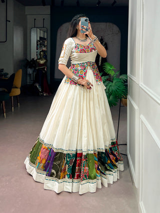 White Cotton Gamthi Work Lehenga Set ClothsVilla