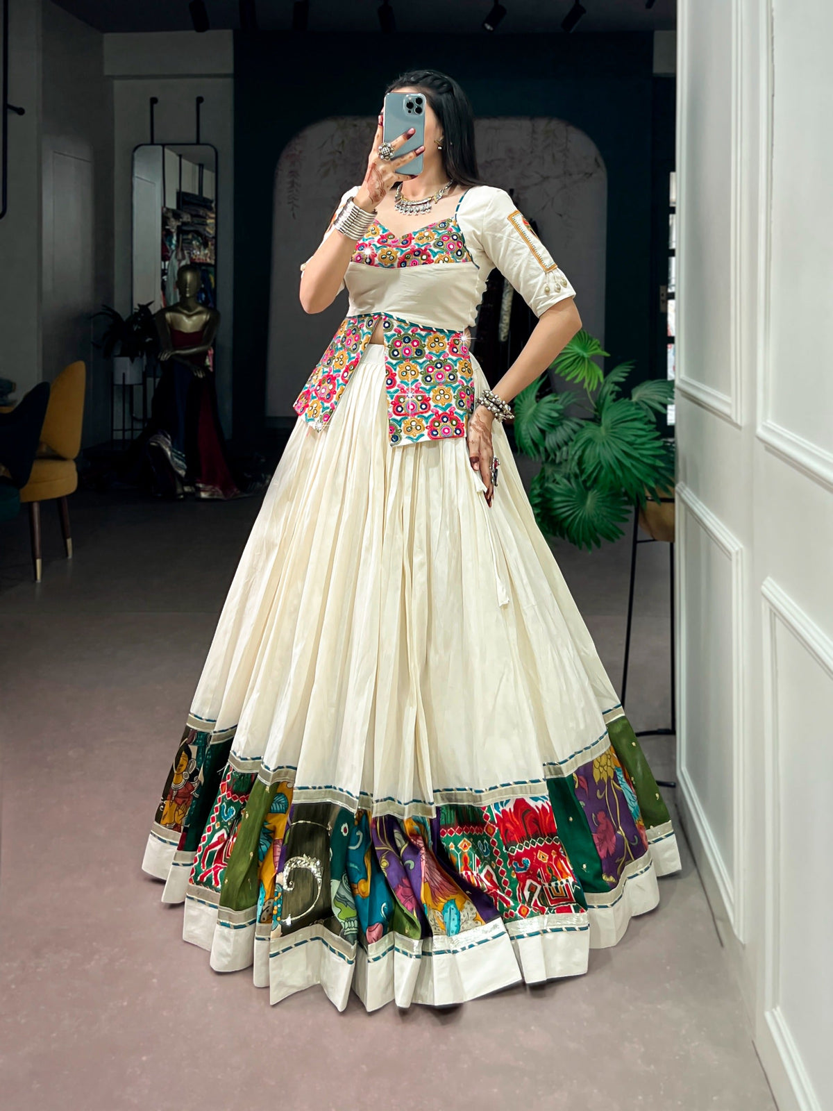 White Cotton Gamthi Work Lehenga Set ClothsVilla