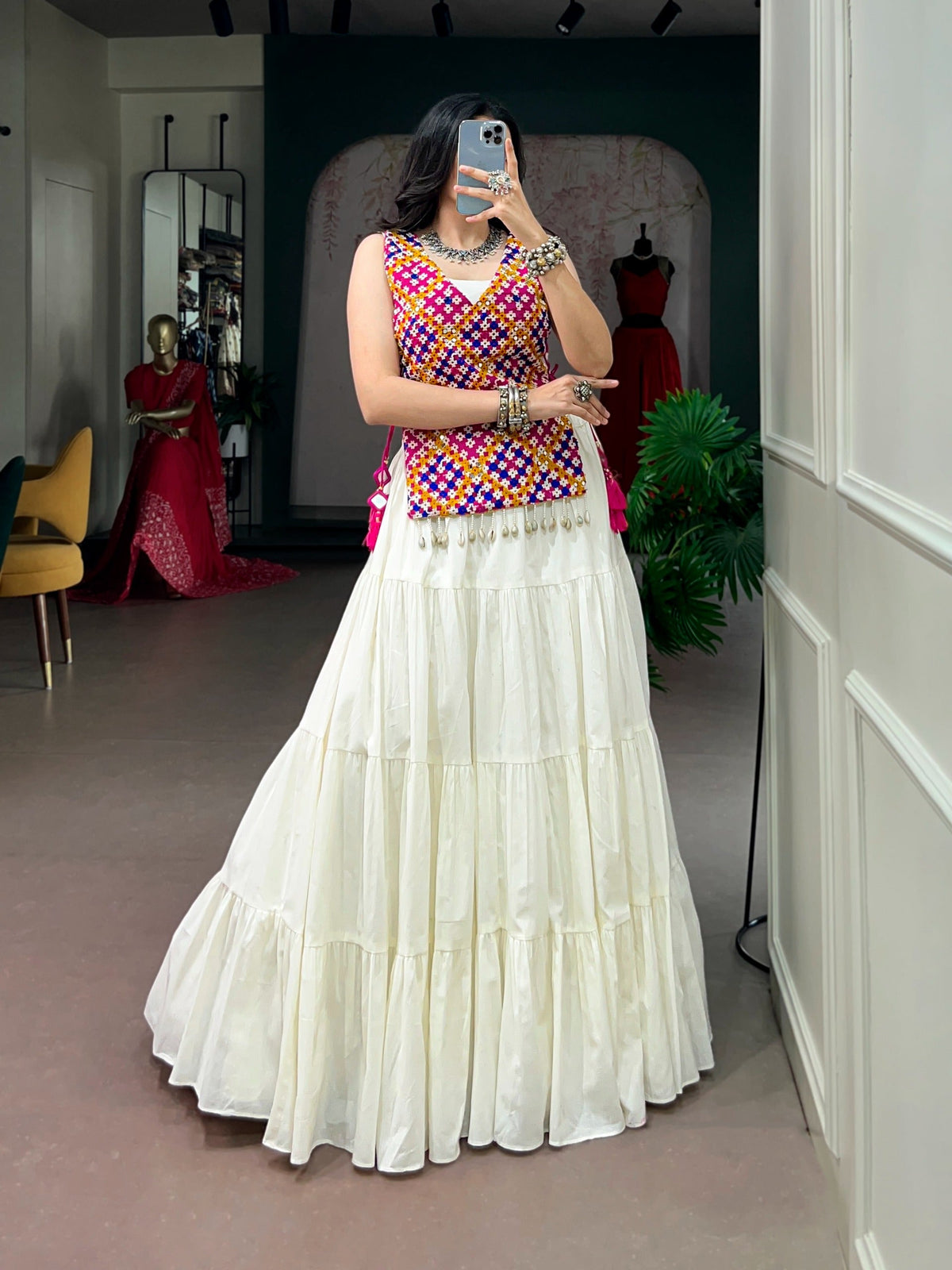 White Cotton Gamthi Work Lehenga Set ClothsVilla