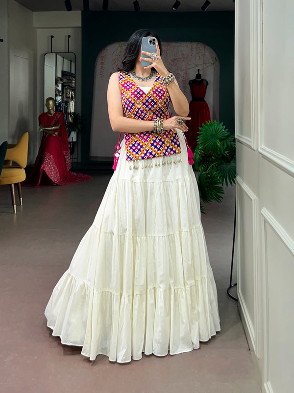 White Cotton Gamthi Work Lehenga Set ClothsVilla