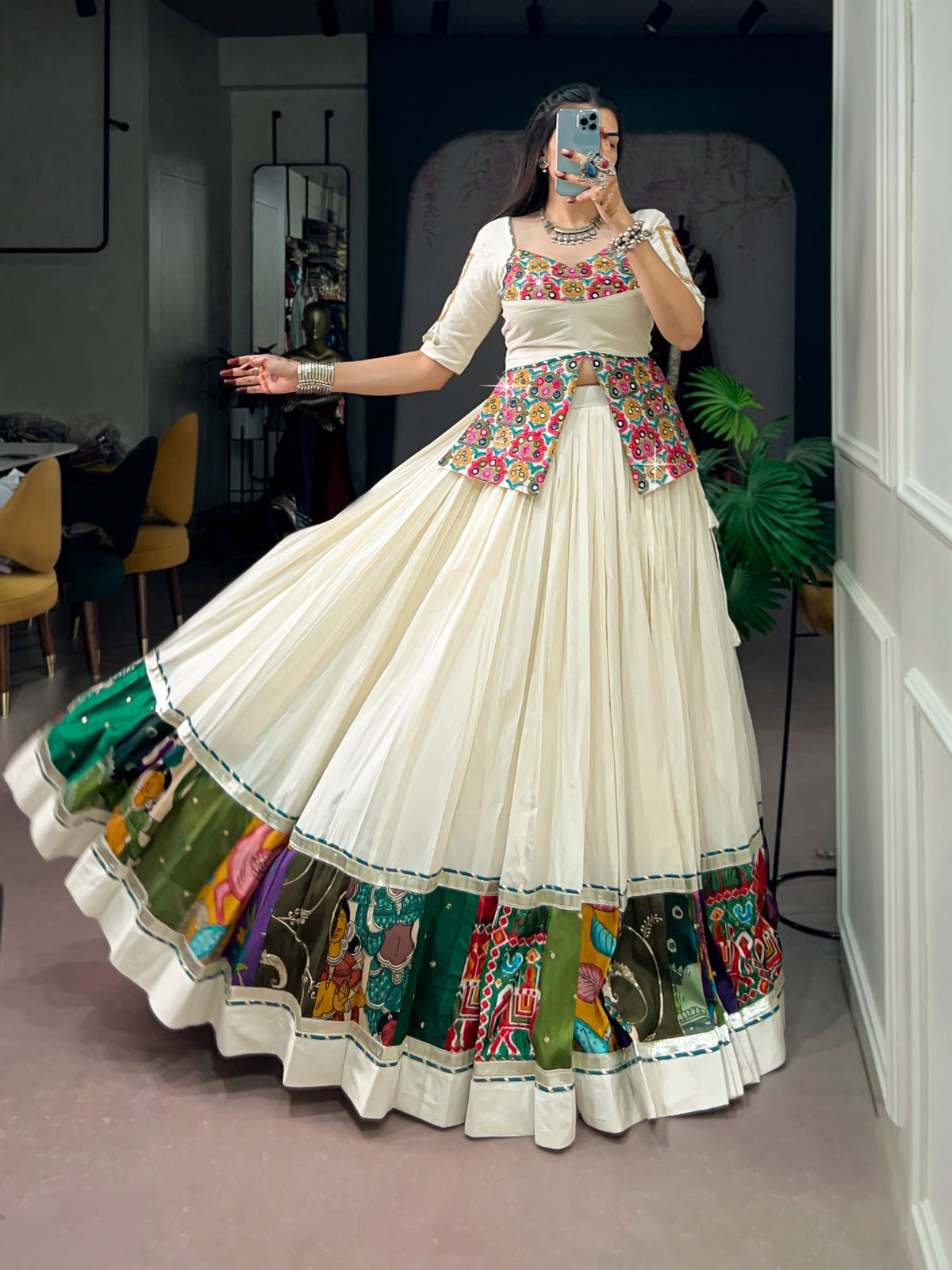 White Cotton Gamthi Work Lehenga Set ClothsVilla