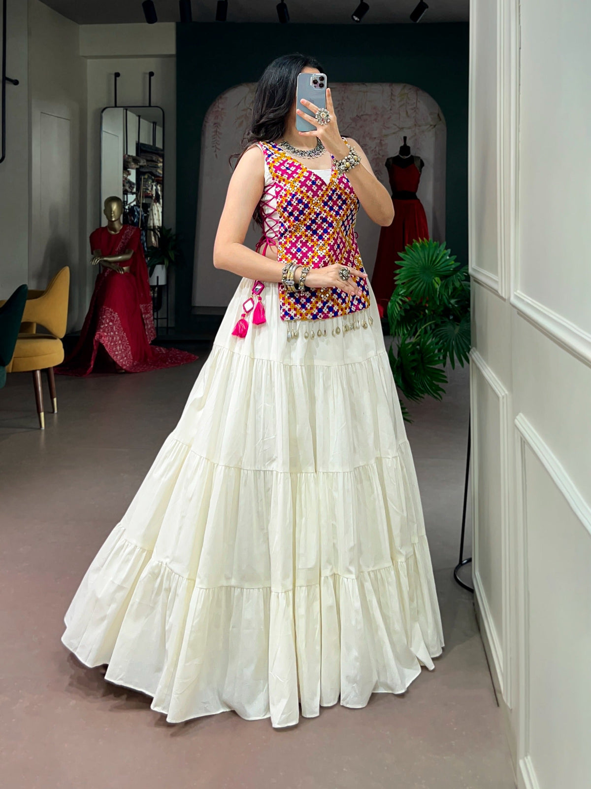 White Cotton Gamthi Work Lehenga Set ClothsVilla