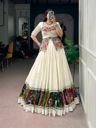 White Cotton Gamthi Work Lehenga Set ClothsVilla